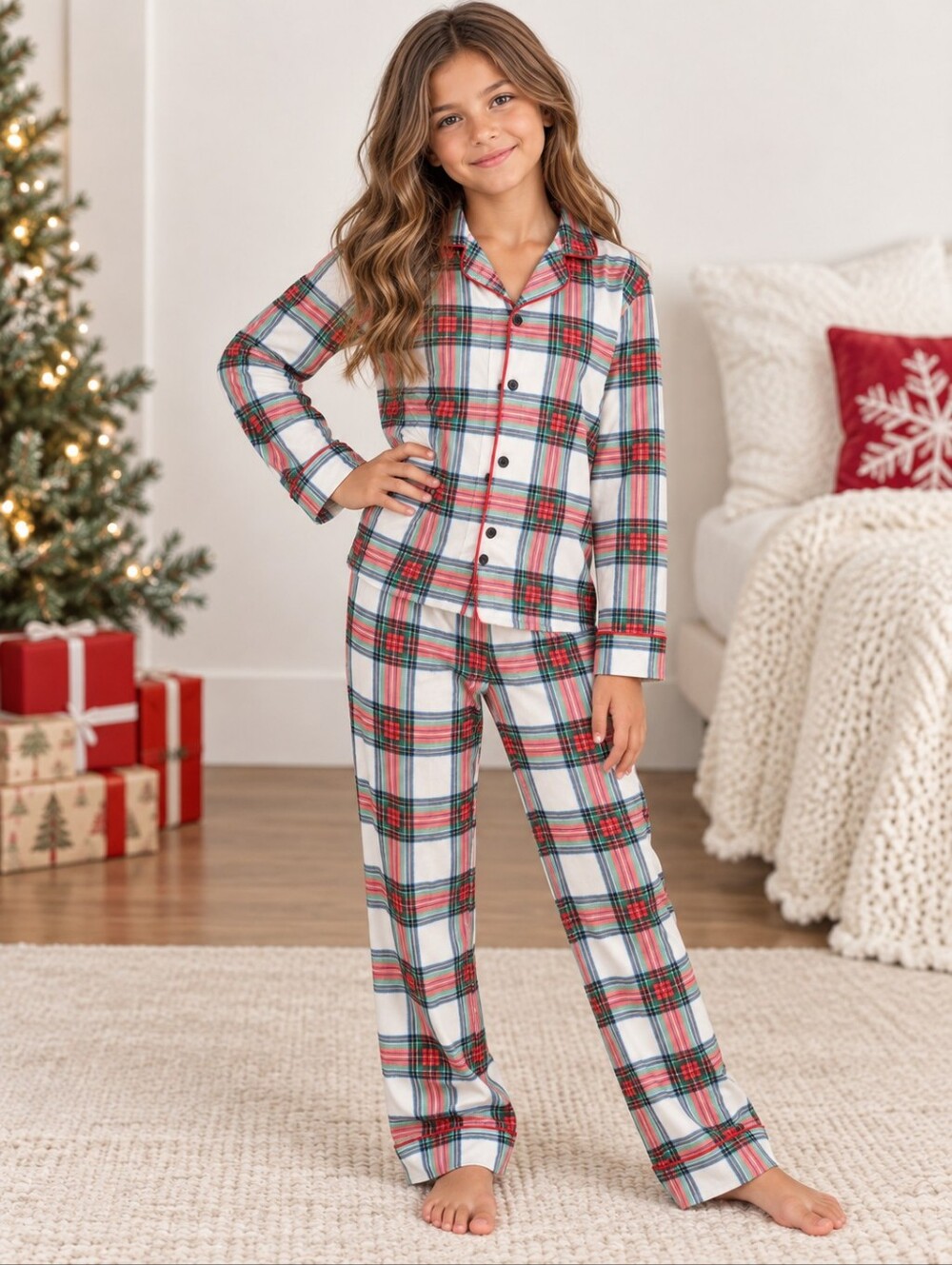 Wondershop Plaid Sleepwear Set Button Up Pajamas Girls Size 12 Red White Green